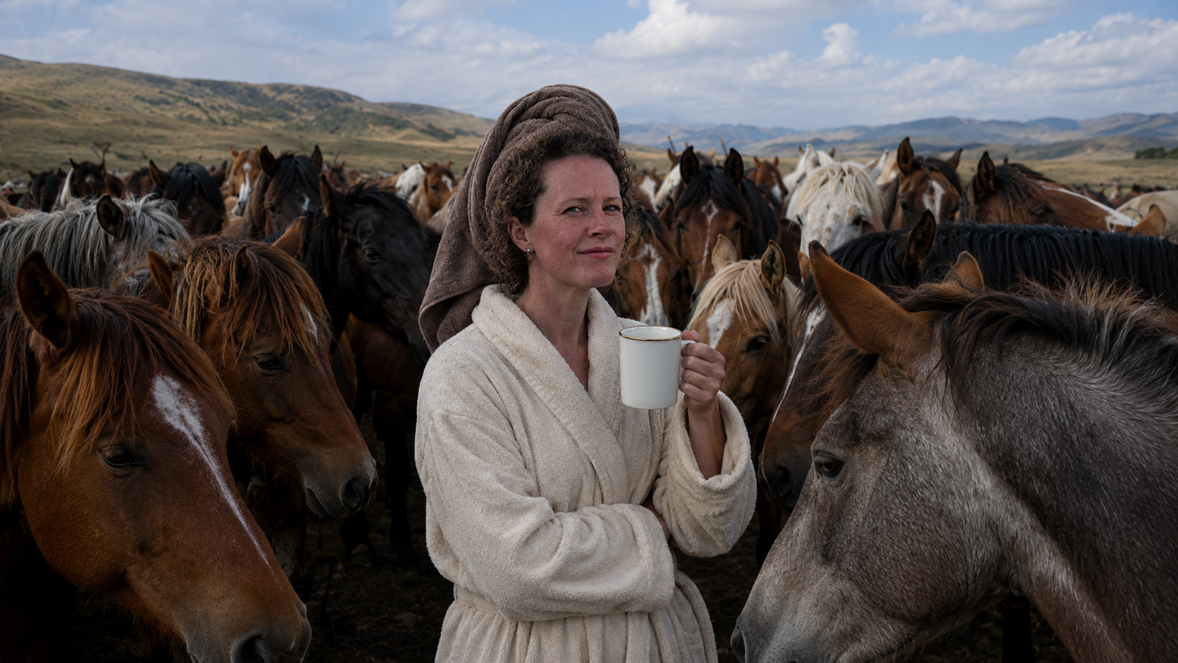 Greta Marie Pajtak steht ruhig mit einer Tasse inmitten einer Pferdeherde